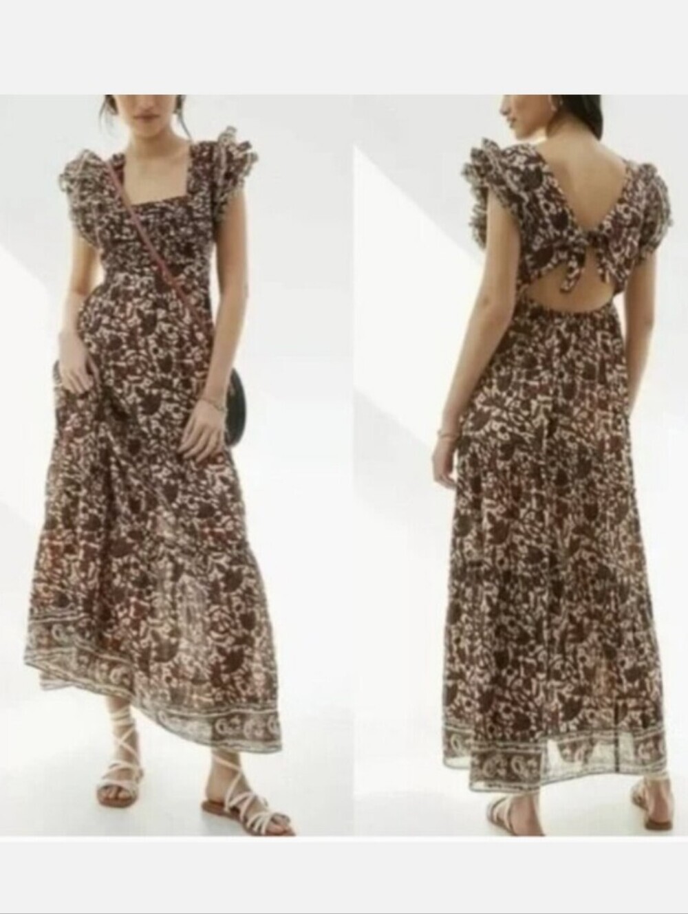 House of Harlow 1960 MIRABELLE Ruffled Maxi Dress XL Brown Batik Boho Ruffle EUC